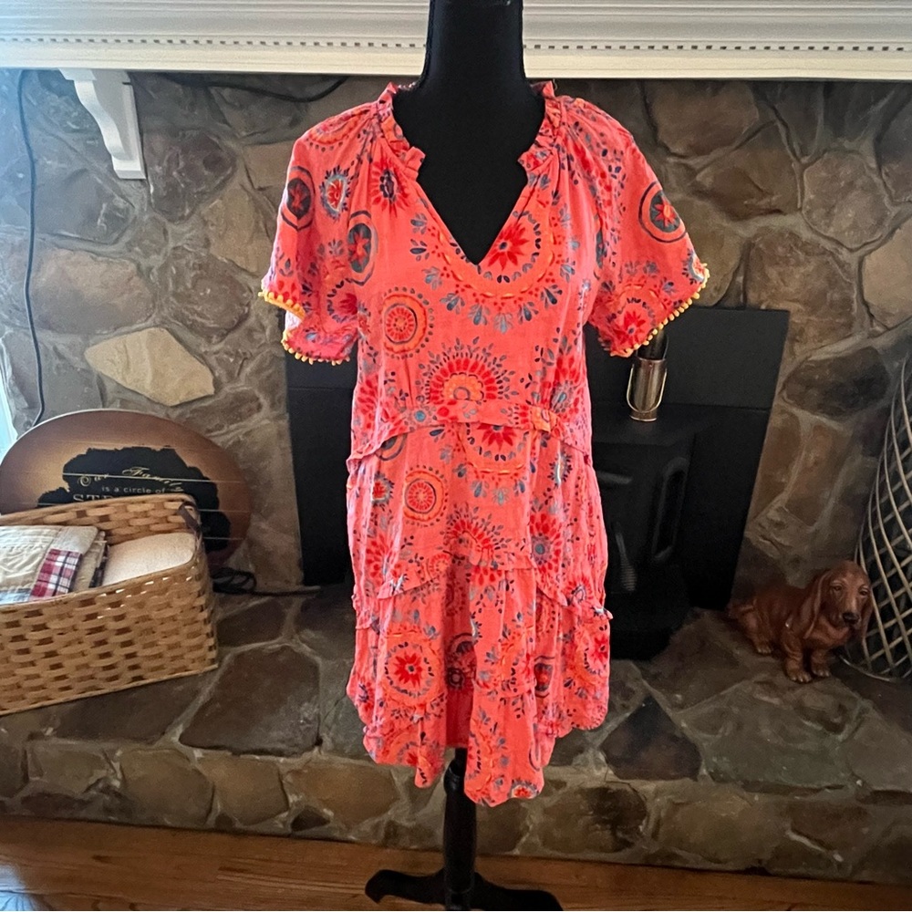 THML Sz M Mini Dress Linen-like Orange Printed Floral Tiered Blousy Sleeve Boho - Picture 3 of 8